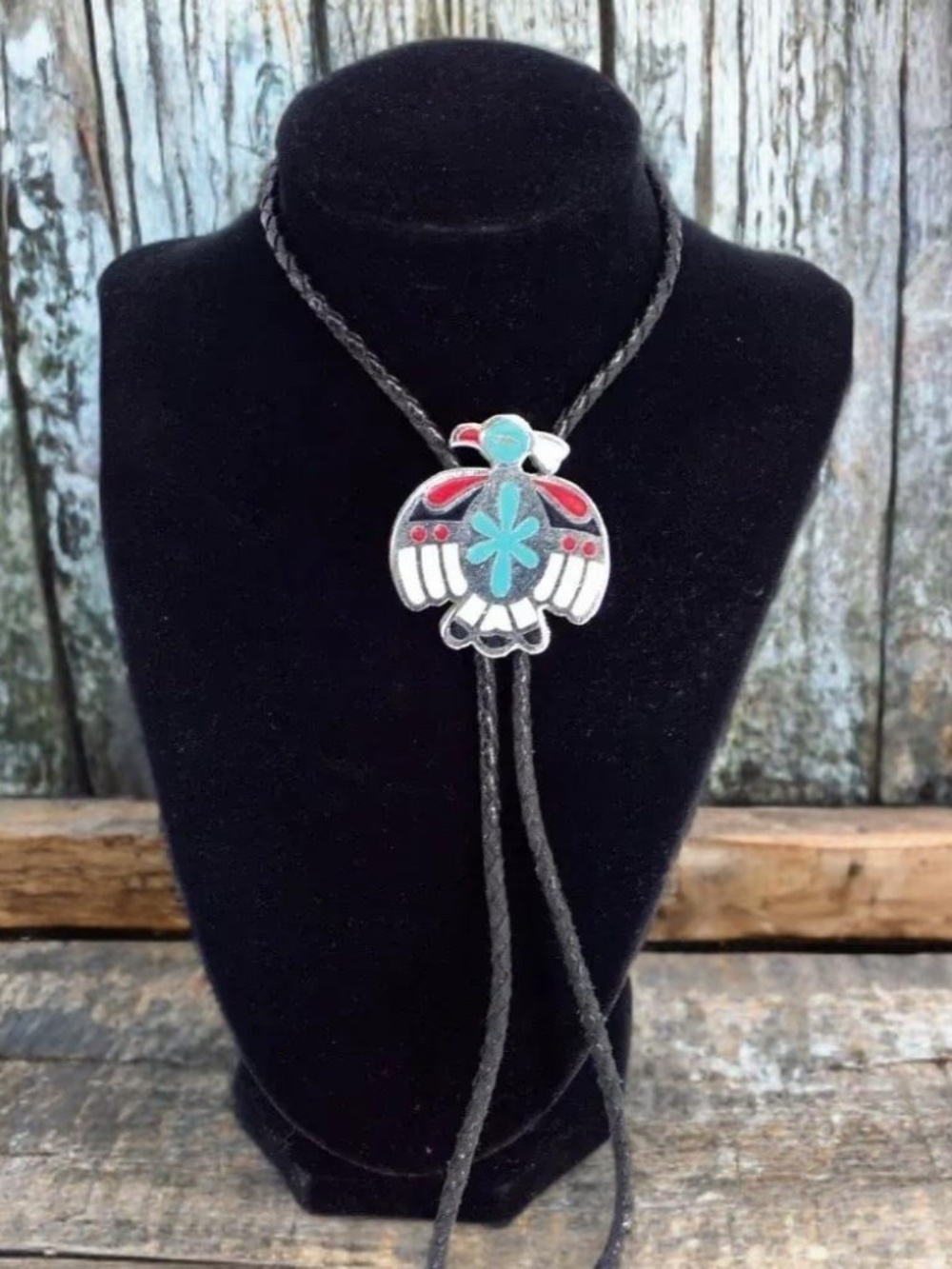 Navajo Thunderbird NA Southwestern Inlay Bolo Tie Black Leather & Silver Tips